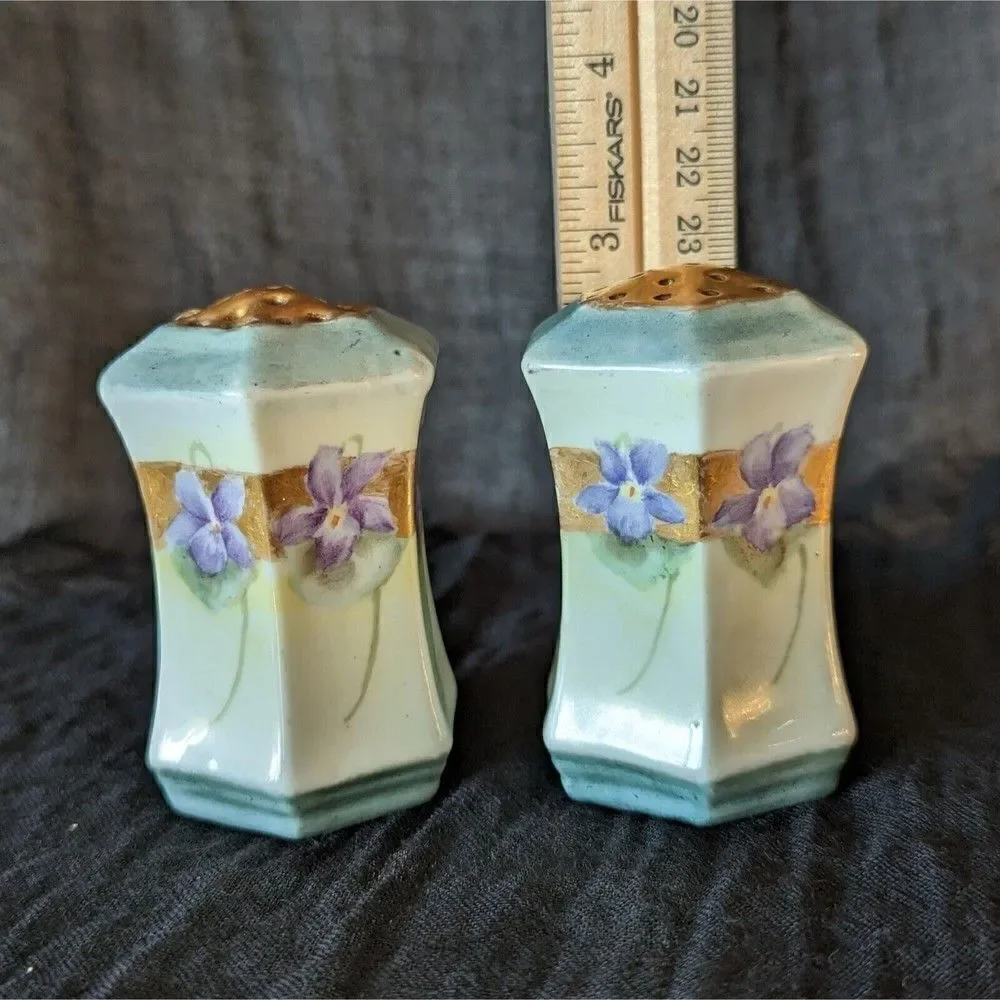 C.S. Prussia Salt Pepper Shakers Vintage Purple Flowers Ceramic Porcelain